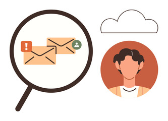 Magnifying glass over email icons with notification alert, user avatar, and cloud. Ideal for communication, digital security, notifications, customer service, online interaction, email management