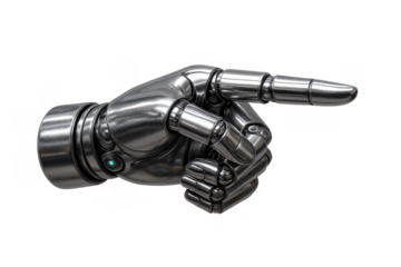 Robotic arm hand pointing finger, indicating and directing future technology, artificial intelligence guidance, metallic cyborg innovation