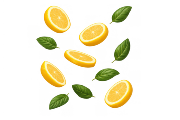 Fresh lemon slices and green basil leaves scattering, falling, creating a vibrant, natural food ingredient pattern on transparent background
