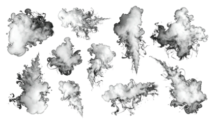 A collection of various white smoke puffs, billowing and wispy, isolated on a black background