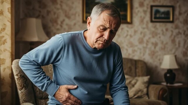 Elderly Caucasian man in blue shirt suffering from severe stomach pain while sitting in his living room at home