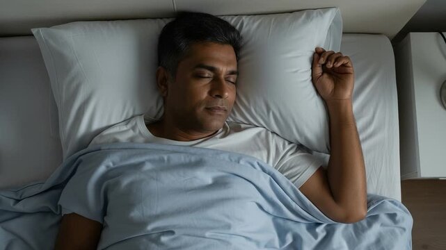 Overhead view of a serene adult man with dark skin sleeping peacefully in a cozy bed under a blue duvet at home.