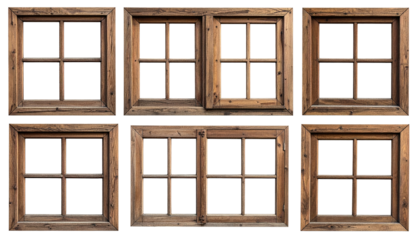 A composite shot of six wooden window frames, varying in size, with empty panes
