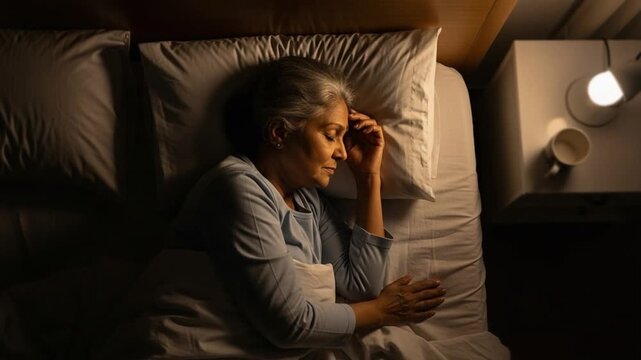 Elderly Indian woman lying in bed at night, illuminated by a soft bedside lamp in a dark bedroom