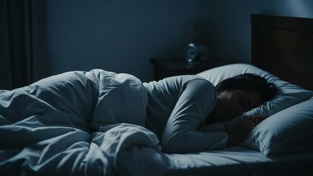 Peaceful young woman sleeping soundly in a comfortable bed at night, enjoying deep rest in a dark bedroom.