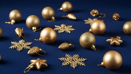 Fototapeta premium Elegant festive arrangement of golden christmas ornaments scattered on deep blue surface