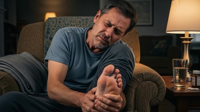 Middle-aged Caucasian man suffering from severe foot pain while sitting in an armchair at home in the evening