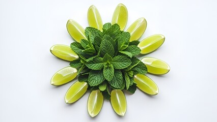 Refreshing composition of vibrant green mint sprigs and lime segments on white background