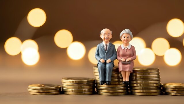 Senior couple figurines sitting on golden coins with warm bokeh lights representing retirement savings and financial security planning.