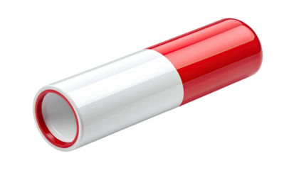 A cylindrical object, white and red, appears to be a capsule, isolated on a black background
