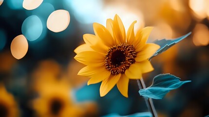 Obraz premium Bright yellow sunflower bloom with soft bokeh lights background creating warm summer garden atmosphere for nature photography and floral design projects.