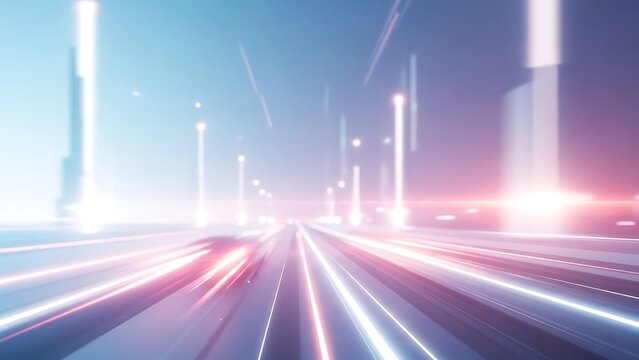 A high-energy, futuristic speedway with vibrant light trails in pink, white, and violet. The cinematic motion blur and radiant flares create a sophisticated sense of rapid, high-tech movement.