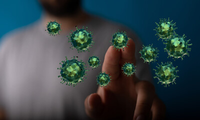 Close-up image of a person's hand interacting with a 3D rendered virus, representing the concept of...