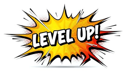 Comic book style explosion burst with Level Up text in bold letters on yellow and orange starburst background isolated on white for gaming designs.