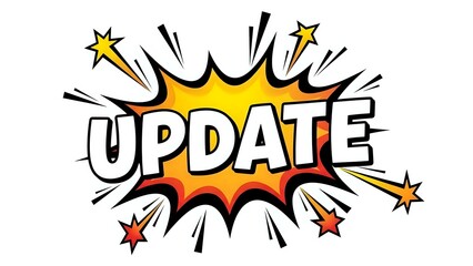 Comic book style UPDATE text with colorful explosion burst and stars on white background for announcements and notifications.