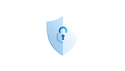 A digitally rendered, blue-and-white shield icon with an open padlock at its center
