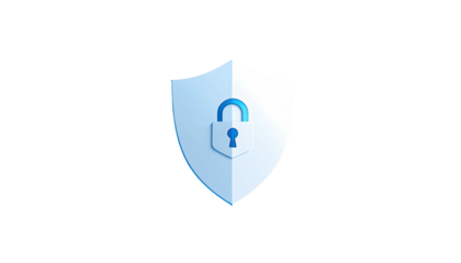 A digitally rendered, blue-and-white shield icon with an open padlock at its center