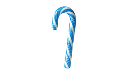 A digitally rendered candy cane with blue and white stripes against a solid black backdrop