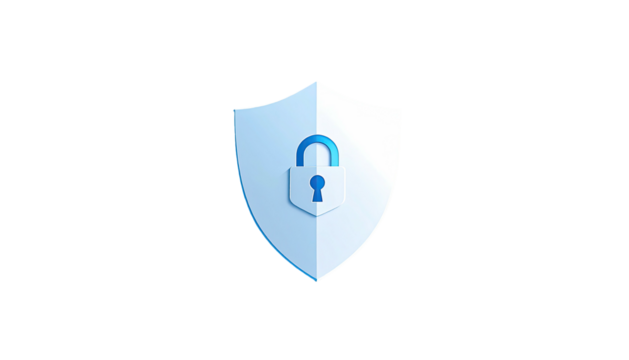 A digitally rendered, blue-and-white shield icon with an open padlock at its center - Powered by Adobe