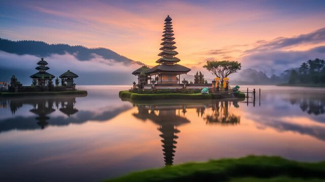 Pura Ulun Danu Bratan Temple Sunrise Reflection Bali Indonesia.