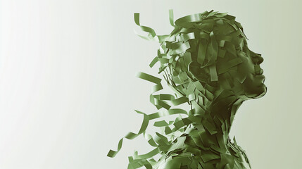 Profile of a woman made of green paper suitable for ecofriendly design concepts, environmental campaigns, recycled crafts, sustainable packaging.