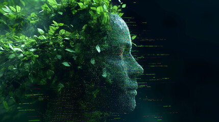 Human profile shaped by data and greenery, ideal for technology, environment, sustainability concepts in web design, presentations, social media.