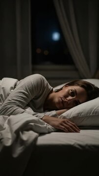 Pensive young Caucasian woman lying awake in bed at night, unable to sleep, with the moon visible through the window, experiencing insomnia and deep thoughts