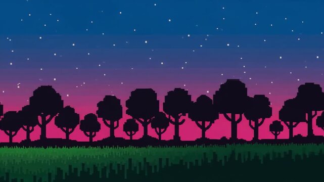 Pixelated night landscape with vibrant skies, silhouetted trees, and a lush field offering a retro