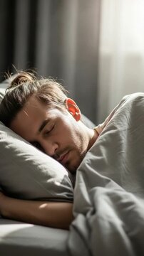 Peaceful young man with a man bun sleeping soundly in a comfortable bed, illuminated by soft morning sunlight in his bedroom.