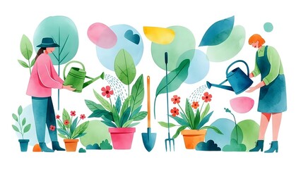 Two women gardening together with watering cans and potted plants in colorful flat illustration style for spring and summer outdoor activities.