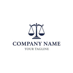 A dark blue graphic logo featuring a classic balance scale symbol, with placeholder text 'COMPANY NAME' and 'YOUR TAGLINE' on a white background, representing justice and legal services.