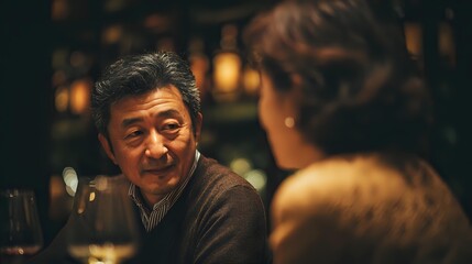 Mature Asian man with gray hair smiling warmly during intimate dinner conversation with woman in elegant restaurant setting with soft lighting.