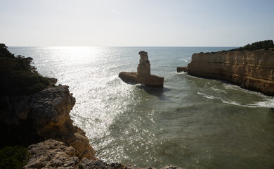 Praia da Morena beach near Lagos town, Algarve, Portugal. beach with turquoise sea water and cliffs, Portugal, Yellow Submarine