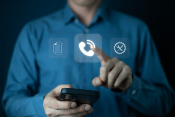 Service call. Businessman using smartphone to request a service online
