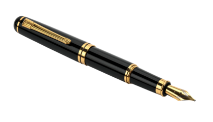 A gleaming black fountain pen with gold accents rests against a transparent backdrop