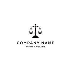 A black and white logo featuring a classic scale of justice icon with placeholder text "COMPANY NAME" and "YOUR TAGLINE" below it, on a clean white background.