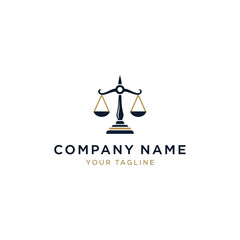 Fototapeta premium A professional logo design featuring a classic scale of justice in dark blue and gold, with placeholder text for company name and tagline, set against a clean white background.