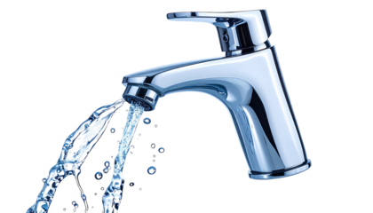 A gleaming chrome faucet, water cascading out against a black backdrop, clean design