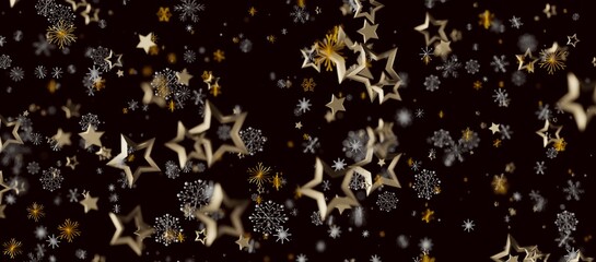 Festive abstract background with gold stars and snowflakes floating on dark backdrop perfect for Christmas, New