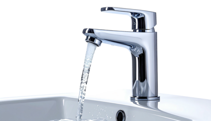 A gleaming chrome faucet with water cascading into a white sink, set against a black backdrop