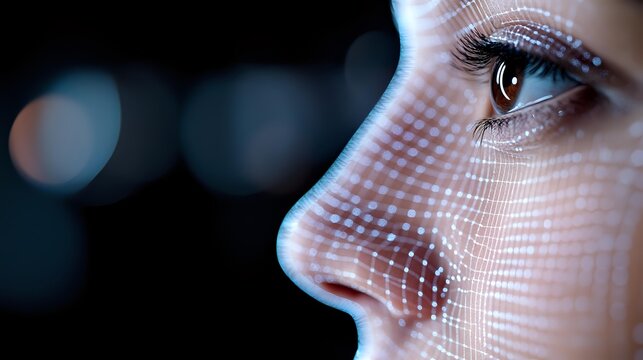 Futuristic digital grid projection on woman face profile with glowing eye against dark background for technology and artificial intelligence concepts.