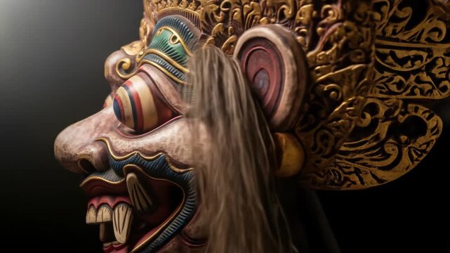 Detailed Close Up of a Traditional Carved Balinese Demon Mask.