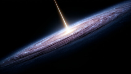 Distant Edge-on Galaxy with Central Energy Jet in Dark Space