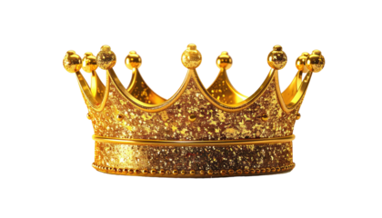 A gleaming gold crown, richly ornamented with sparkling details, is depicted against black