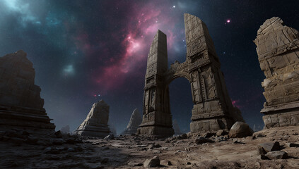 Fantasy Alien Ruins with Stone Archway under Purple Nebula Sky