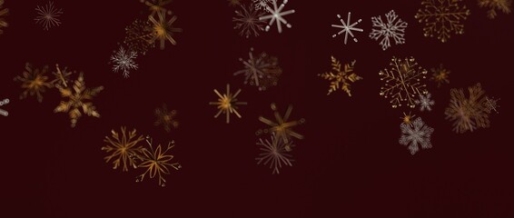 Artistic illustration of snowflakes in gold and silver colors on a dark red background, ideal for winter season designs.