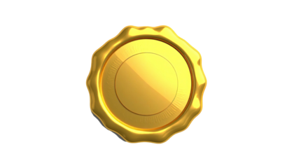 A glossy golden seal, against a stark black background, showcasing intricate details