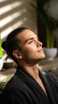 Young adult man with a man bun in a black robe, eyes closed, enjoying a peaceful and relaxing steam bath or spa treatment in a serene wellness environment with natural light.