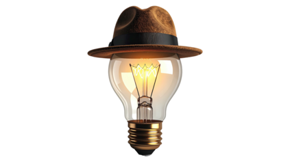 A glowing lightbulb wearing a fedora against a black background. Represents bright idea