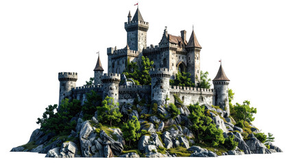 Naklejka premium A grand stone fortress atop a rocky hill, surrounded by green trees, under sunlight